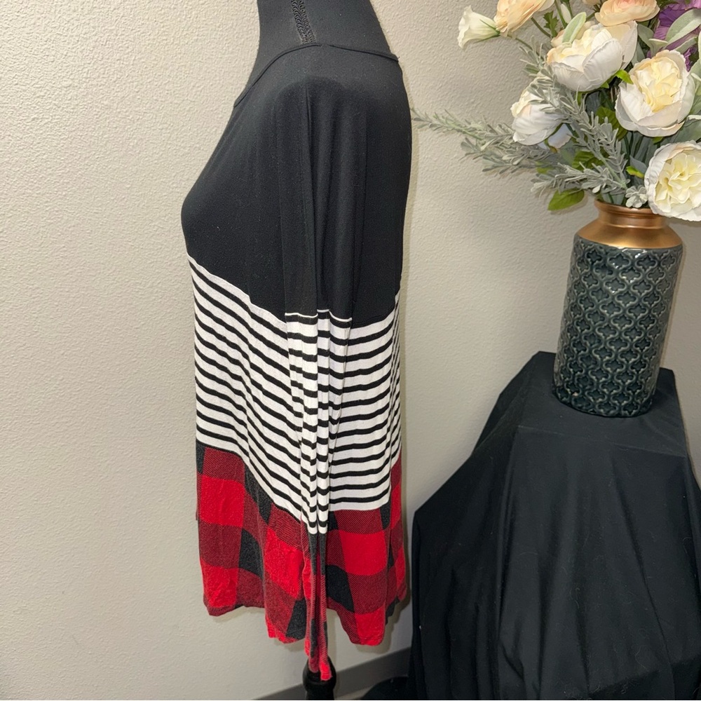 Zenana L Colorblock Stripe Plaid Tunic Top Black Red Long Sleeve - Picture 2 of 8